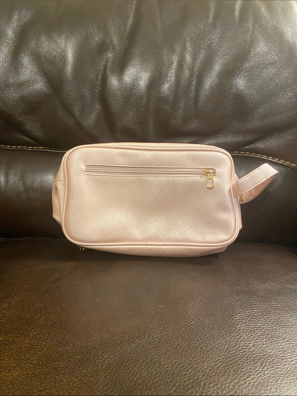 Classic Lightweight Pink Cosmetic Pouch with Gold Trim